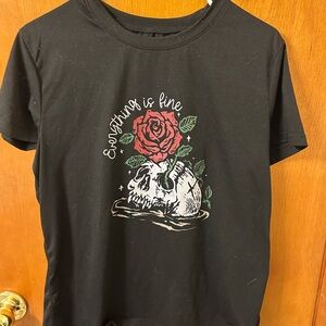Black Graphic Tee with Red Rose & Skull Design